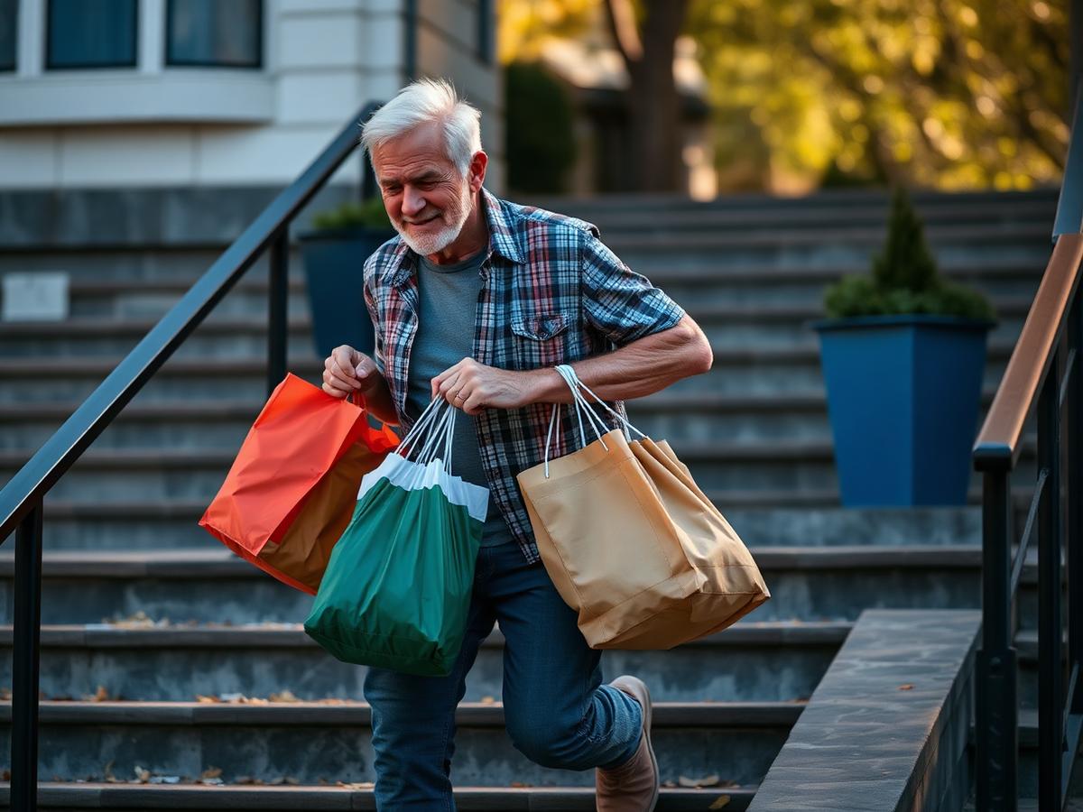 A man in his sixties carrying grocery bags up outdoor steps