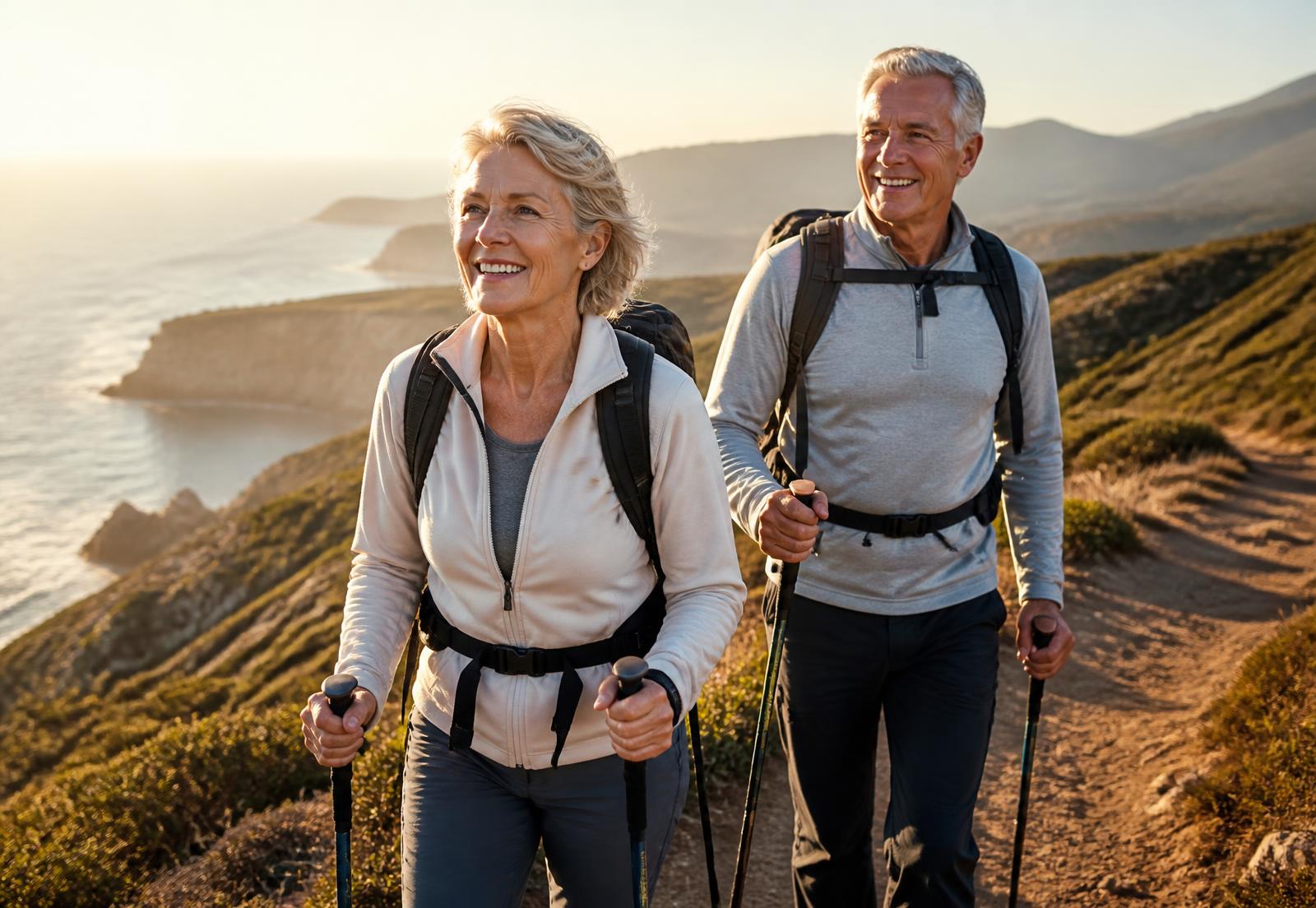 An active couple in their sixties hiking a coastal trail at sunrise