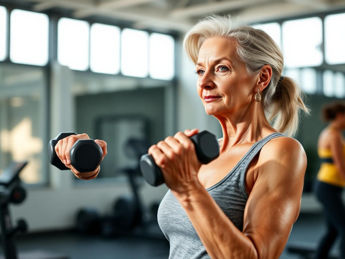 A woman in her seventies strength training with dumbbells
